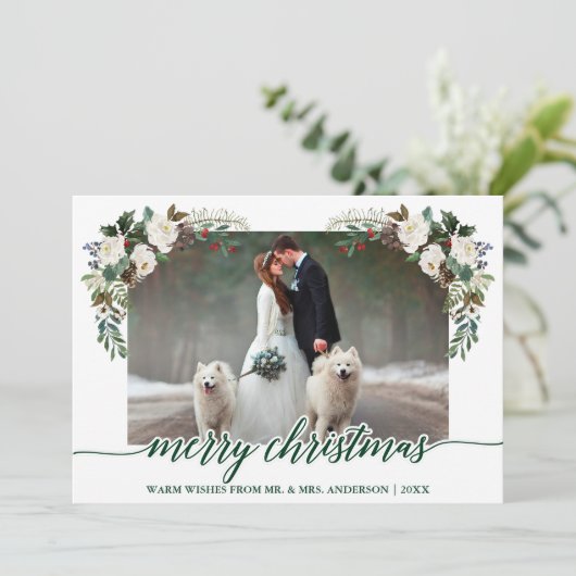 Kalligrafie Winter Bloemen Groene Bruiloft Foto Feestdagenkaart (Staand voorkant)