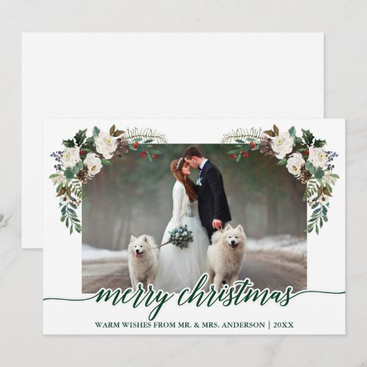 Kalligrafie Winter Bloemen Groene Bruiloft Foto Feestdagenkaart (Voorkant / Achterkant)