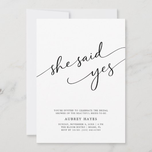 Kalligrafie Ze zei ja Minimalistisch Vrijgezellenf Kaart (Voorkant)