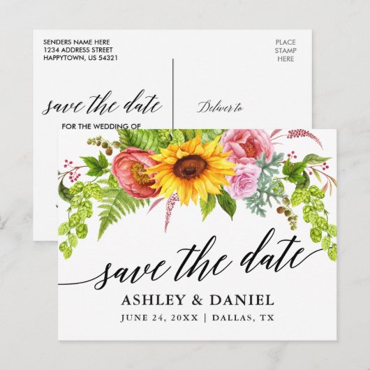 Kalligrafie Zonnebloem Boho Floral Save the Date Briefkaart (Voorkant / Achterkant)