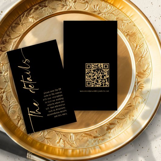 Kalligrafie Zwart Goud QR Code Bruiloft Details Informatiekaartje