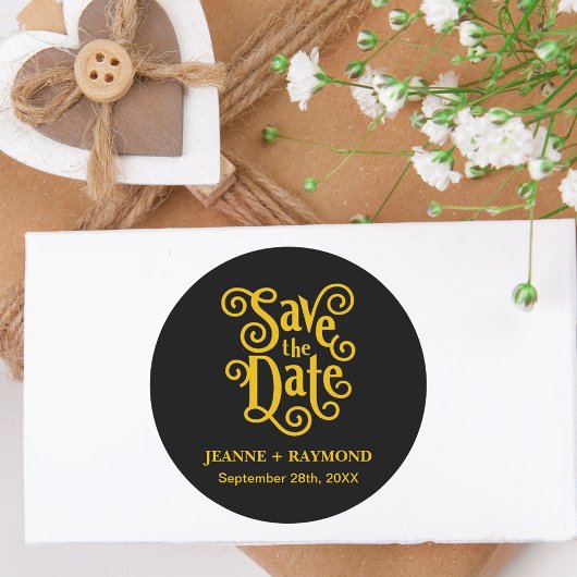 Kalligrafie Zwart Goud Save the Date Bruiloft Ronde Sticker