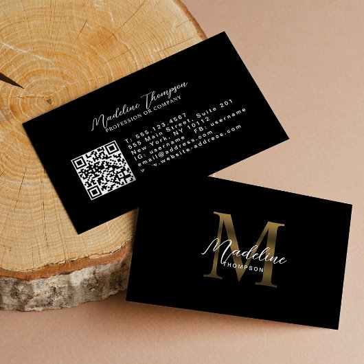Kalligrafie Zwart Metallic Goud Monogram QR-code Visitekaartje