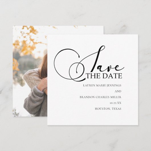 Kalligrafie zwart wit bruiloft foto save the date (Voorkant / Achterkant)