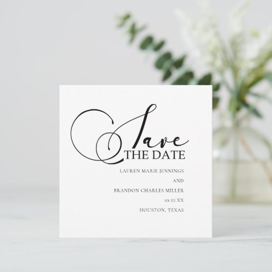 Kalligrafie zwart wit bruiloft foto save the date (Staand voorkant)