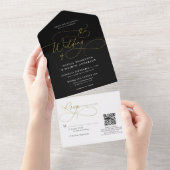 Kalligrafie Zwart Wit Goud QR Code Bruiloft All In One Uitnodiging (Afscheurbaar)