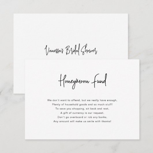 Kalligrafie Zwart-wit Honeymoon Fund kaart (Voorkant / Achterkant)