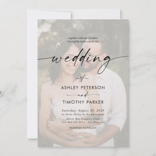 Kalligrafie Zwart & Wit Overlay Foto Huwelijk Kaart (Voorkant)