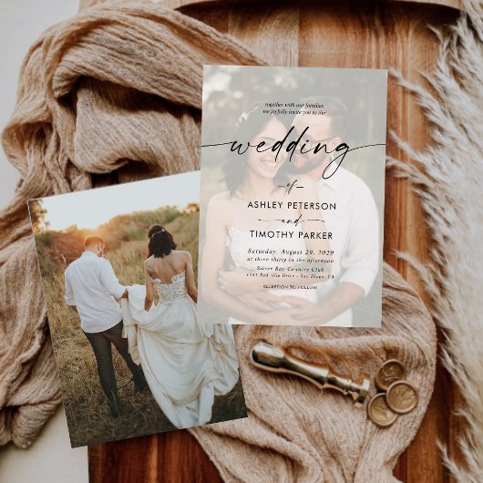 Kalligrafie Zwart & Wit Overlay Foto Huwelijk Kaart