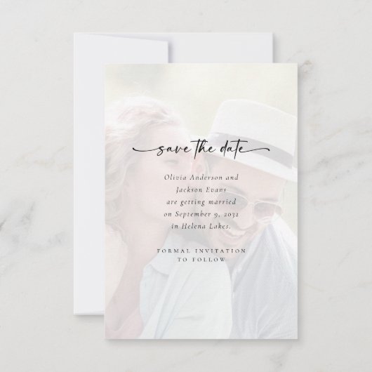 Kalligrafiescript Moderne fotobruiloft Save The Date (Achterkant)