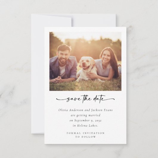 Kalligrafiescript Moderne fotobruiloft Save The Date (Achterkant)