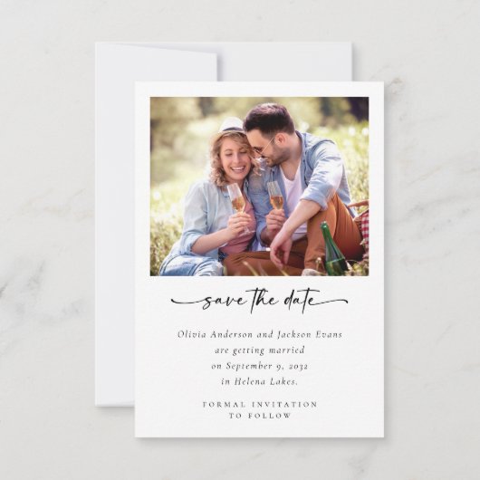 Kalligrafiescript Moderne fotobruiloft Save The Date (Achterkant)