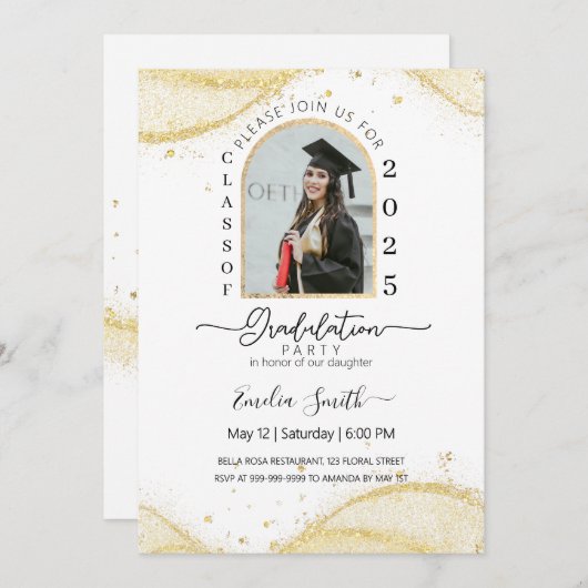 Kalligrafisch Wit goud glitter Foto Afstuderen Kaart (Voorkant / Achterkant)