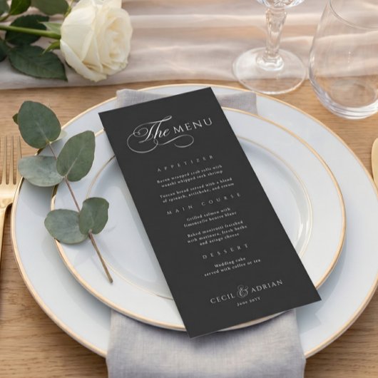 Kalligrafische Elegante Zwarte Trouwmenu Menu