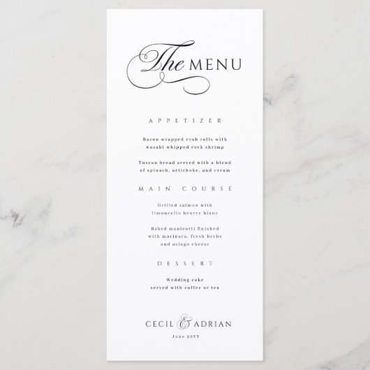 Kalligrafische Elegante Zwarte Witte Trouwmenu Menu (Voorkant)