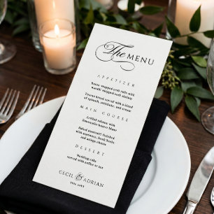 Kalligrafische Elegante Zwarte Witte Trouwmenu Menu