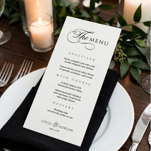 Kalligrafische Elegante Zwarte Witte Trouwmenu Menu