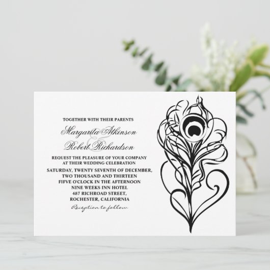 Kalligrafische Pauw Veer bruiloft uitnodigingen (Staand voorkant)