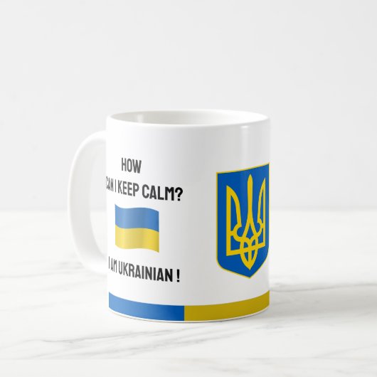 Kalm blijven voor Oekraïne en grappige tekst, Oekr Koffiemok (Voorkant links)