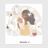 Kalm bruine gevilde boho vrouw bloemen maan sterre sticker (Vel)