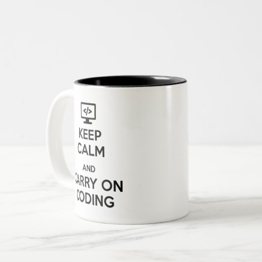 Kalm houden en coderen tweekleurige koffiemok (Voorkant links)