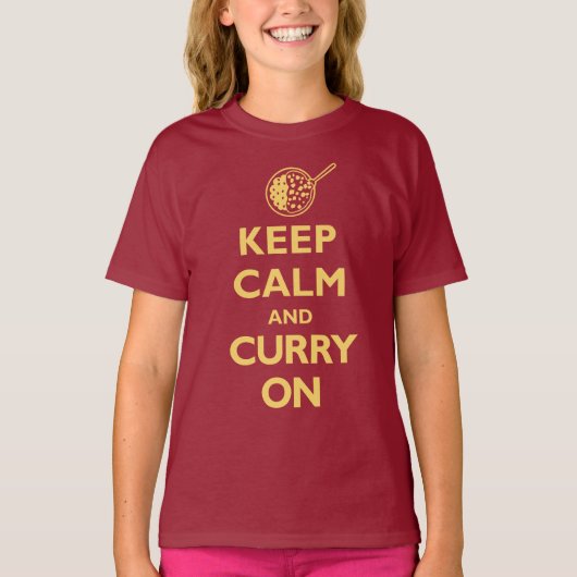Kalm houden en curry aan (donker) t-shirt (Voorkant)