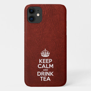 Kalm houden en Drink thee, rood leder, kroon iPhone 11 Hoesje