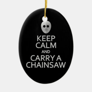 Kalm houden en een Chainzaag-versiering dragen - p Keramisch Ornament