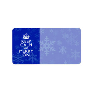 Kalm houden en Merry op blauwe sneeuwvlokken Etiket