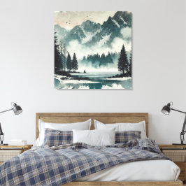 Kalm mistig meer landschap met rode zonsondergang canvas afdruk