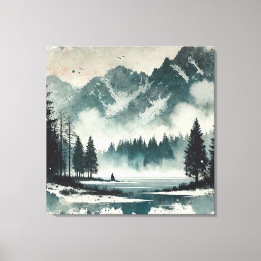 Kalm mistig meer landschap met rode zonsondergang  canvas afdruk (Voorkant)