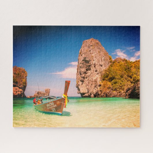 Kalm Ocean Beach met Boat & Rocks of uw foto Legpuzzel (Horizontaal)