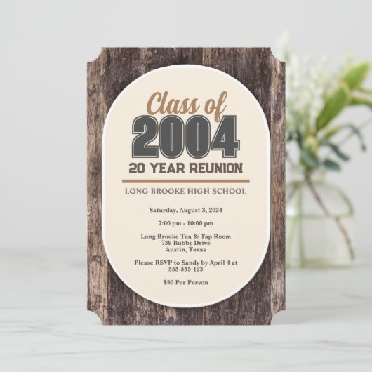 Kalm rustiek hout 20 jaar High School Class Reunio Kaart (Staand voorkant)