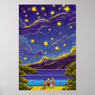 Kalme nachtelijke hemel, sterren, Lake Retro schil Poster