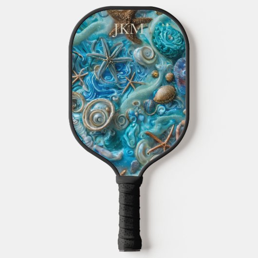 Kalmerend Aqua Sand, Surf & Zeestervis Monogram Pickleball Paddle (Voorkant)