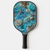 Kalmerend Aqua Sand, Surf & Zeestervis Monogram Pickleball Paddle (Achterkant)