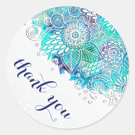 Kalmerende Blauwe en Blauwgroen Bloemen Mandala Da Ronde Sticker (Voorkant)