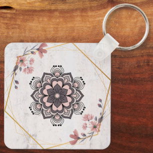 Kalmerende Harmonie, Roze Bloemrijke Mandala Sleutelhanger