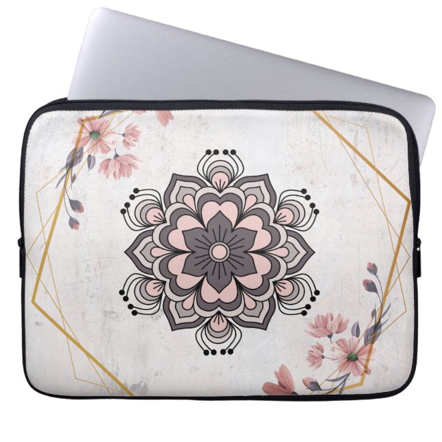 Kalmerende Harmonie – Roze en Grijze Bloemkunst Laptop Sleeve (Voorkant)