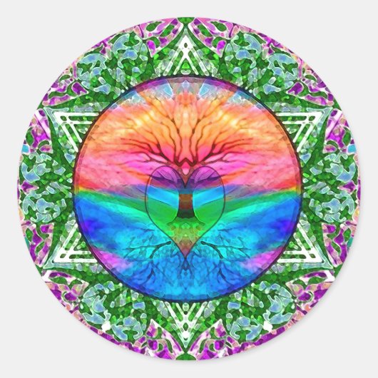 Kalmerende levensboom in regenboogkleuren ronde sticker (Voorkant)