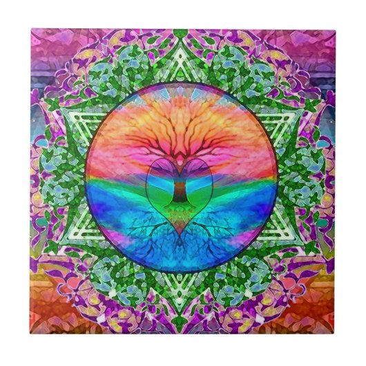 Kalmerende levensboom in regenboogkleuren tegeltje (Voorkant)