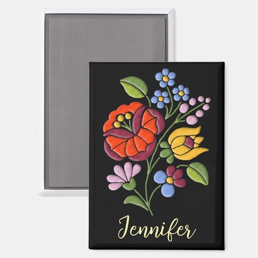 Kalocsa Borduurwerk - Hongaarse volkskunst zwart Magneet (Voorkant / Achterkant)