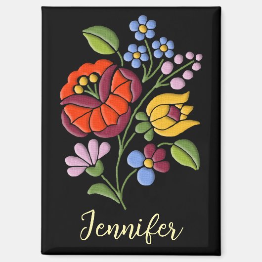 Kalocsa Borduurwerk - Hongaarse volkskunst zwart Magneet (Voorkant)