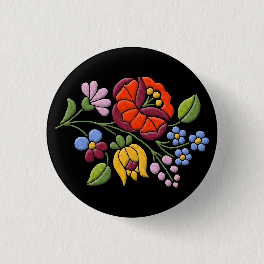 Kalocsa Embroidery - Hongaarse Folk Art Black bg. Ronde Button 3,2 Cm (Voorkant)
