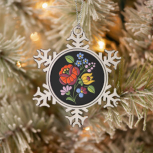 Kalocsai Embroidery - Hongaarse Folk zwart Tin Sneeuwvlok Ornament