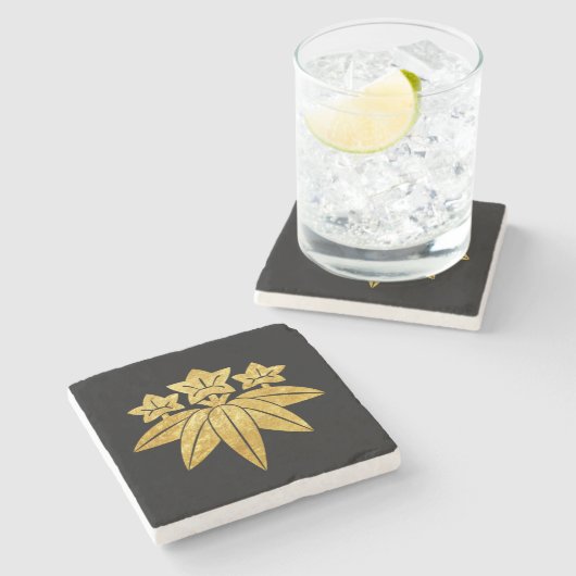 Kamakura Minamoto Mon Japans faux goud op zwart Stenen Onderzetter (Zijkant)