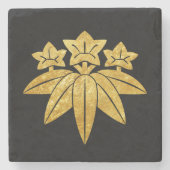 Kamakura Minamoto Mon Japans faux goud op zwart Stenen Onderzetter (Voorkant)