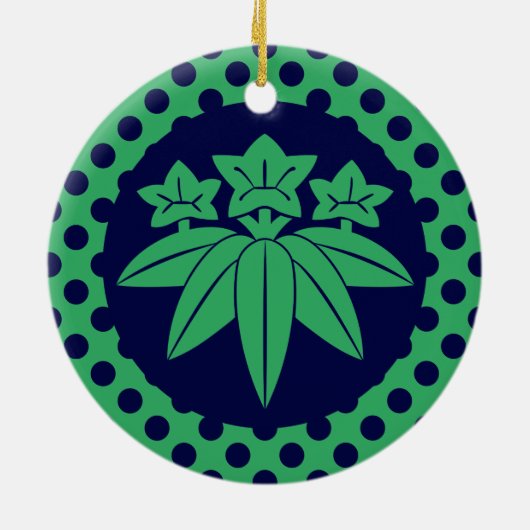 Kamakura Minamoto Mon Japans zeeblauw Keramisch Ornament (Achterkant)