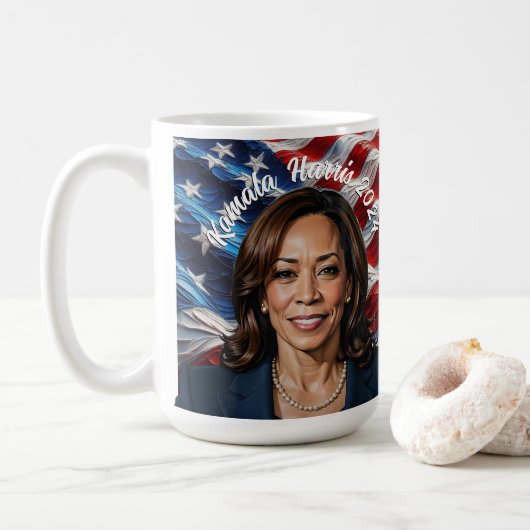 Kamala Harris 2024 en Amerikaanse vlag Koffiemok (Met donut)