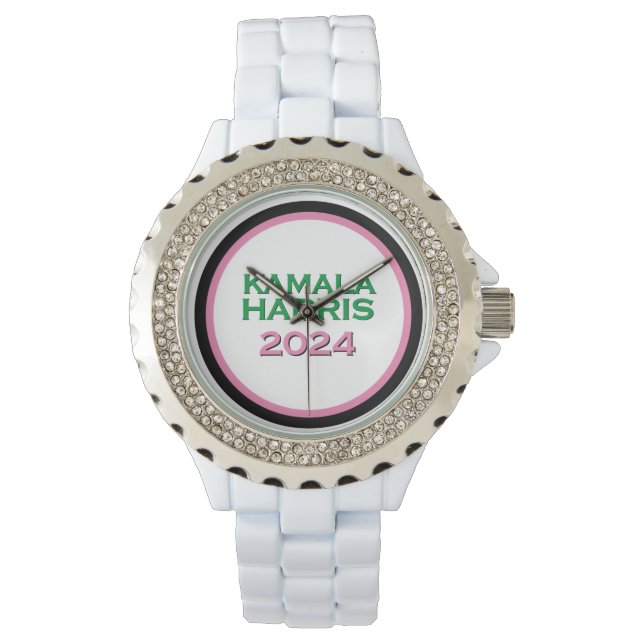 KAMALA HARRIS 2024 Roze & Groene Strass Accent Horloge (Voorkant)